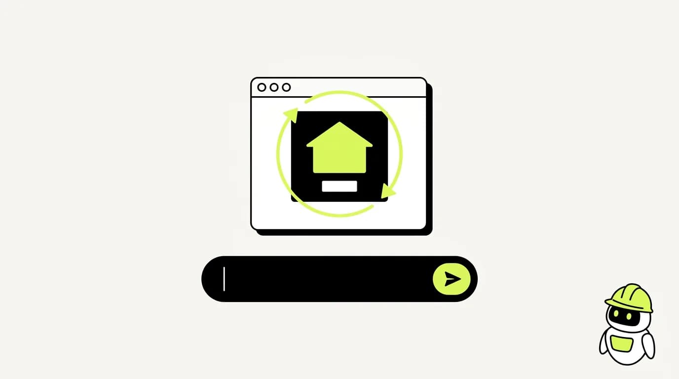A web page card with its house photo circled by a swap arrow, above a command bar with a send button