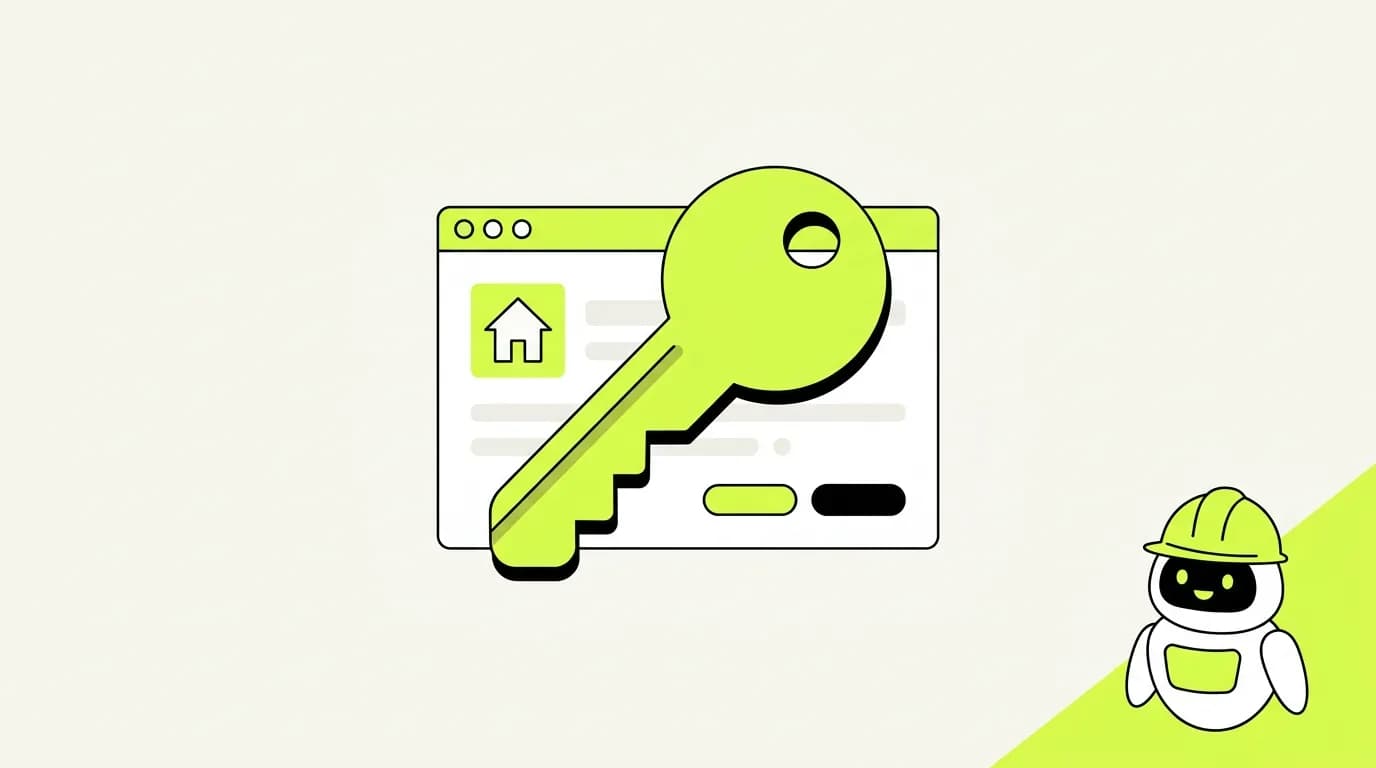 A large key lying across a web page card with a house icon