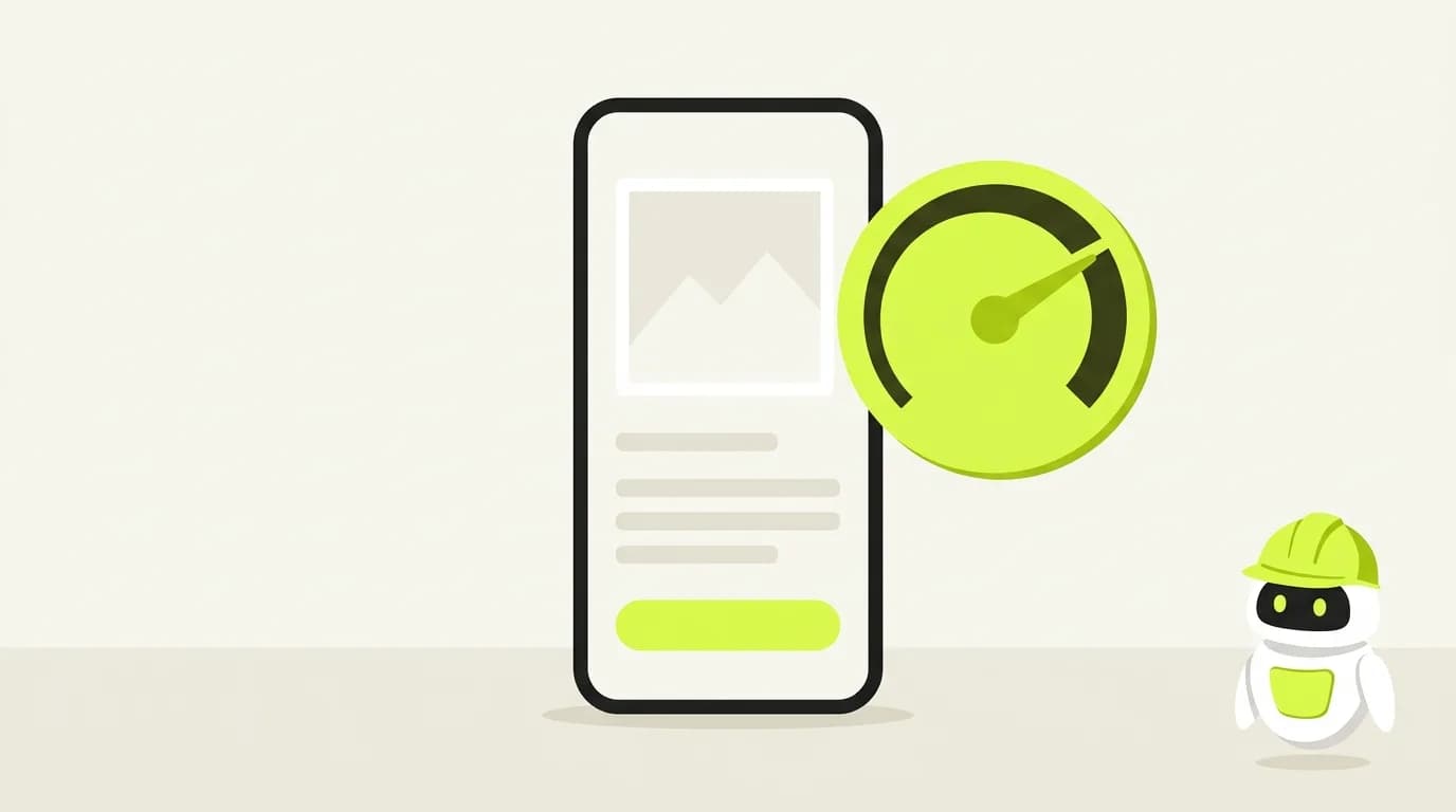 A phone showing a web page beside a speed gauge with its needle pushed high