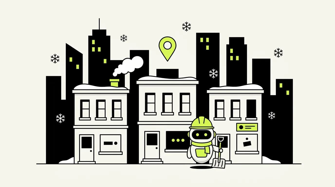 A row of snowy city houses in front of a skyline, a map pin above the middle house, and the robot mascot in a scarf holding a snow shovel