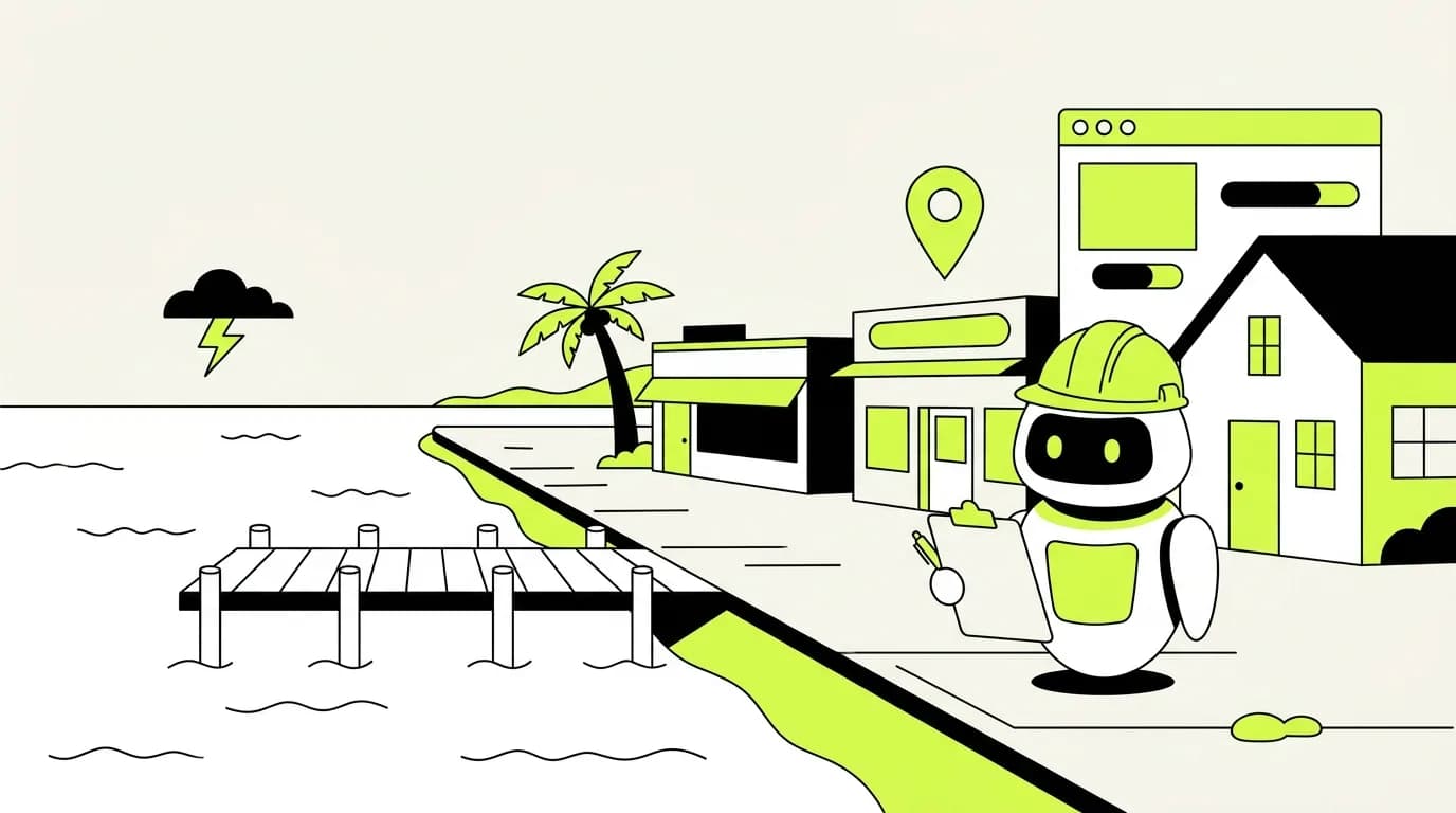 A small waterfront town on a bay with a pier, a palm tree and storefronts, a storm cloud over the water, and the robot mascot holding a clipboard