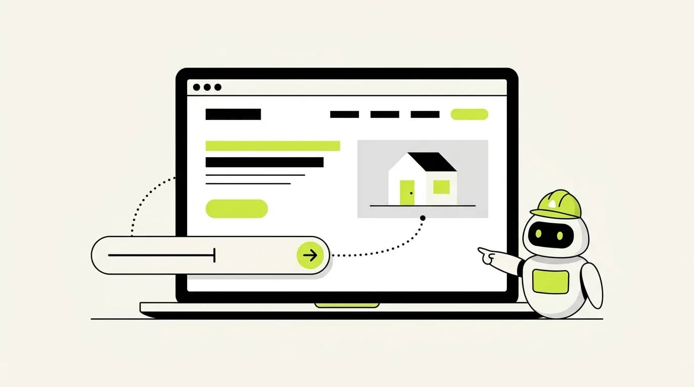 A laptop showing a contractor website, a command bar with a send button linked to the photo on the page, and the robot mascot pointing at the command bar